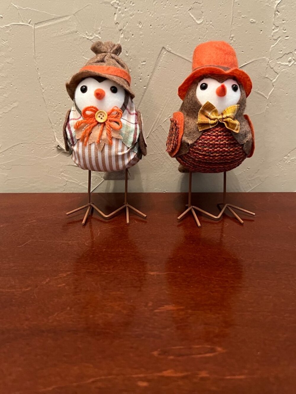 Set of 2 Whimsical Fall Bird Figurines Plaid & Tweed Autumn Thanksgiving Decor